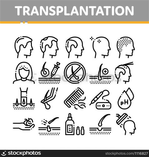 Hair Transplantation Collection Icons Set Vector Thin Line. Balding And Baldness Man Head, Shampoo And Medicine In Bottle Transplantation Concept Linear Pictograms. Monochrome Contour Illustrations. Hair Transplantation Collection Icons Set Vector