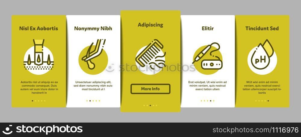 Hair Transplantation Onboarding Mobile App Page Screen. Balding And Baldness Man Head, Shampoo And Medicine In Bottle Transplantation Concept Illustrations. Hair Transplantation Onboarding Elements Icons Set Vector