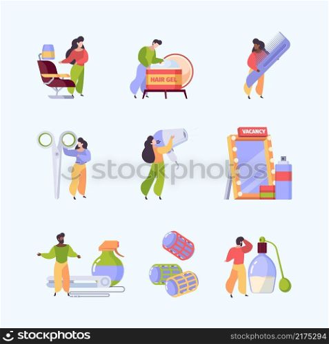 Hair treatments. Beauty salon hair cute accessories treatment processes clean and sh&ooing garish vector flat stylized illustrations. Beauty hairdresser, haircut and equipment comb scissors. Hair treatments. Beauty salon hair cute accessories treatment processes clean and sh&ooing garish vector flat stylized illustrations