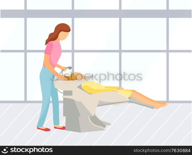 Hair washing procedure before haircut in beauty salon. Female client getting her hairstyle done. Professional shampoo, stylist hairdresser. Modern salon with big widows. Vector in flat cartoon style. Hair Washing Procedure in Beauty Salon Vector