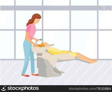 Hair washing procedure before haircut in beauty salon. Female client getting her hairstyle done. Professional shampoo, stylist hairdresser. Modern salon with big widows. Vector in flat cartoon style. Hair Washing Procedure in Beauty Salon Vector