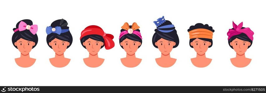 Hairband on head. Woman messy bun hair updo, cute fashion girl hairstyle with stylish handkerchief, cartoon portrait in headwrap. Vector illustration of hairband woman. Hairband on head. Woman messy bun hair updo, cute fashion girl hairstyle with stylish handkerchief, cartoon portrait in headwrap. Vector illustration