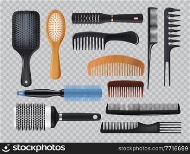 Hairbrush and combs realistic vector fashion equipment for hair care set isolated on transparent background. Different types of 3d combs, professional hairdresser accessories for beauty and styling. Hairbrush and combs realistic vector equipment set