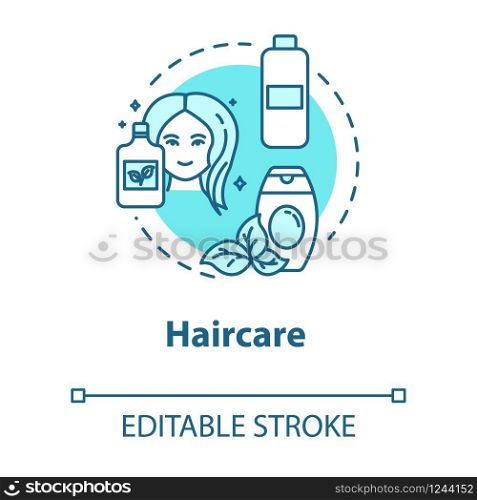 Haircare, natural cosmetic use, health and beauty concept icon. Organic shampoo and balm, hair cosmetics idea thin line illustration. Vector isolated outline RGB color drawing. Editable stroke