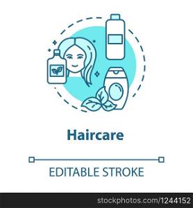 Haircare, natural cosmetic use, health and beauty concept icon. Organic shampoo and balm, hair cosmetics idea thin line illustration. Vector isolated outline RGB color drawing. Editable stroke