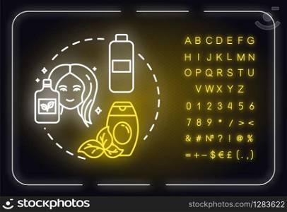 Haircare, organic cosmetic use, beauty neon light concept icon. Natural shampoo, balm, hair mask idea. Outer glowing sign with alphabet, numbers and symbols. Vector isolated RGB color illustration