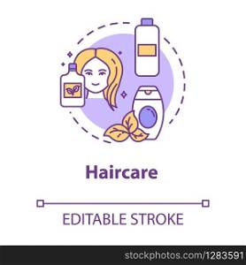 Haircare, organic cosmetic use, health and beauty concept icon. Natural shampoo and balm, hair mask idea thin line illustration. Vector isolated outline RGB color drawing. Editable stroke