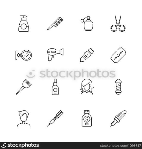 Haircut icon. Beauty salon hairstyle steaming and washing cutting tools scissors comb hairdryer vector thin simple pictures. Illustration of equipment icons for salon hair, comb and shampoo. Haircut icon. Beauty salon hairstyle steaming and washing cutting tools scissors comb hairdryer vector thin simple pictures