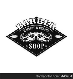 Haircut salon vector illustration. Black label with monochrome moustaches, text s&le. Hairstyle concept for barber shop emblem template