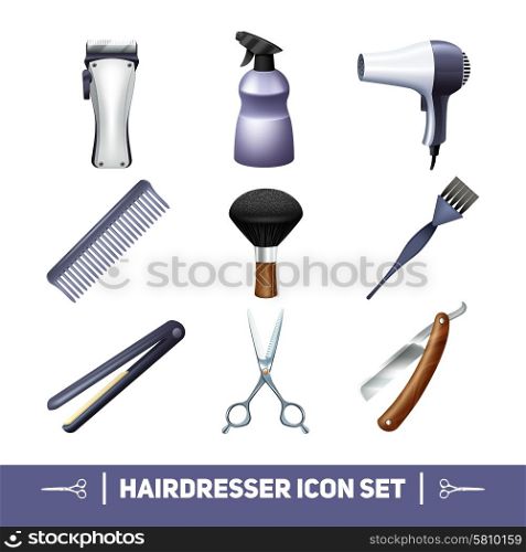 Hairdresser accessories and barber profession equipment icons set with isolated vector illustration. Hairdresser Icons Set