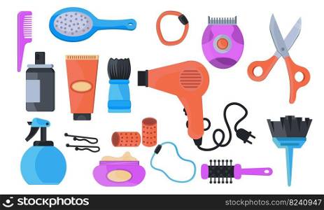 Hairdresser accessories comb and dryer. Beauty hairdryer salon tool and color hair element design vector illustration. Hairstylist equipment background with barbershop scissors or brush kit instrument
