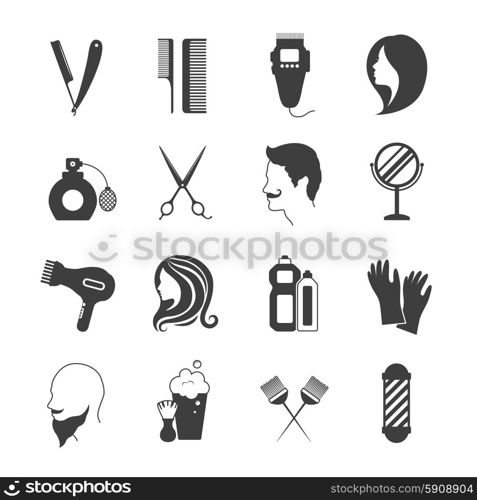 Hairdresser and beauty salon black and white icons set isolated vector illustration. Hairdresser Icons Set