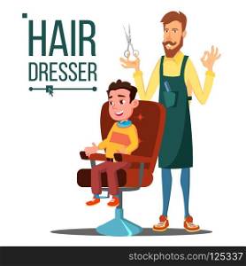 Hairdresser And Child, Teen Vector. Doing Client Haircut. Barber. Isolated Cartoon Illustration. Hairdresser And Child, Teen Vector. Doing Client Haircut. Barber. Isolated Flat Cartoon Illustration
