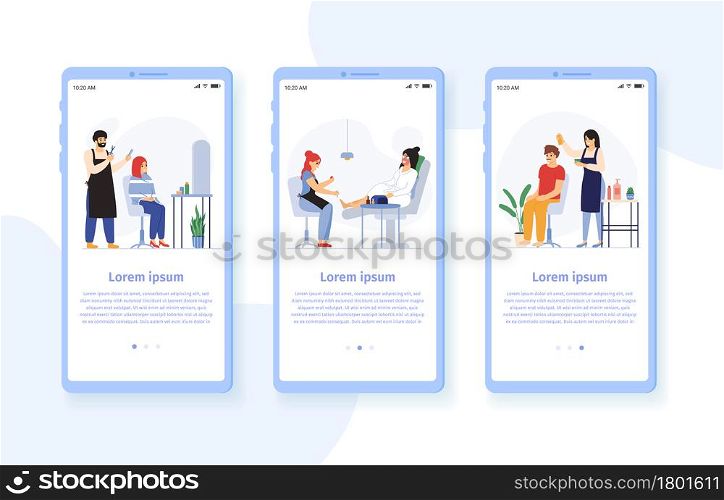 Hairdresser barbers vector mobile app set. Beauty salon for man and woman providing treatment. Fashion studio with foot pedicure, stylist doing haircut for clients interface, ui layout. Hairdresser barbers vector mobile app set. Beauty salon for man and woman providing treatment. Fashion studio