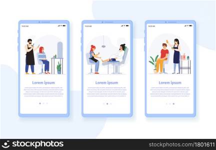 Hairdresser barbers vector mobile app set. Beauty salon for man and woman providing treatment. Fashion studio with foot pedicure, stylist doing haircut for clients interface, ui layout. Hairdresser barbers vector mobile app set. Beauty salon for man and woman providing treatment. Fashion studio