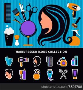 Hairdresser colored composition with elements of style and tools for barbershop and beauty salon vector illustration. Hairdresser Colored Composition