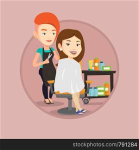 Hairdresser cutting hair of young woman in beauty saloon. Professional hairdresser making a haircut to a client in beauty saloon. Vector flat design illustration in the circle isolated on background.. Hairdresser making haircut to young woman.
