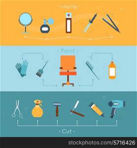 Hairdresser flat banner set with dry cut smell laying paint tools isolated vector illustration