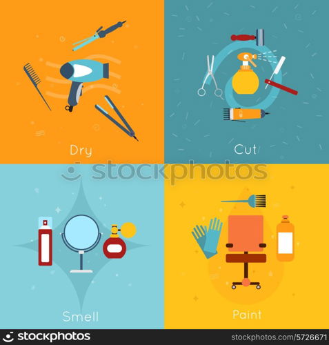 Hairdresser flat icon set with dry cut smell paint tools isolated vector illustration.