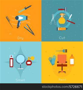 Hairdresser flat icon set with dry cut smell paint tools isolated vector illustration.