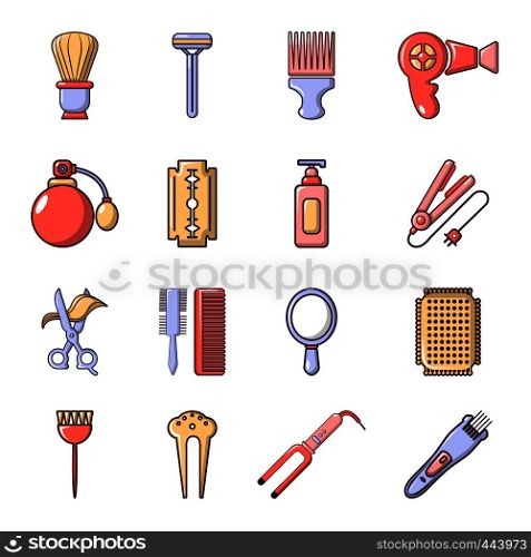 Hairdresser icons set. Cartoon illustration of 16 hairdresser vector icons for web. Hairdresser icons set, cartoon style
