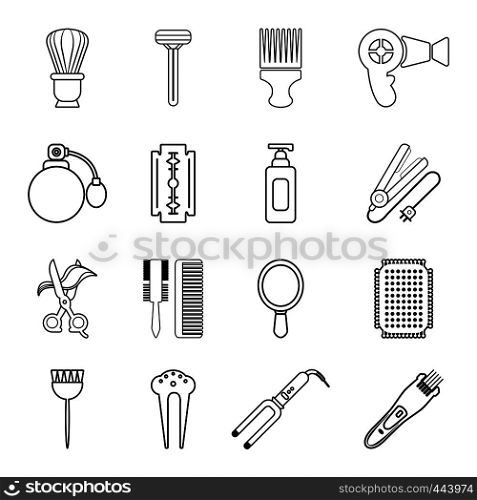 Hairdresser icons set. Outline illustration of 16 hairdresser vector icons for web. Hairdresser icons set, outline style