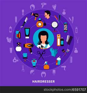 Hairdresser round composition with icon set combined in big circle and with elements of hairdresser tools vector illustration. Hairdresser Round Composition