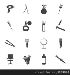 Hairdresser styling accessories professional haircut black icon set with hair-dryer scissors spray brush isolated vector illustration