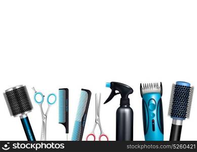 Hairdresser Tools Background. Hairdresser tools on white background including brushes and combs sprayer various scissors and trimmer vector illustration