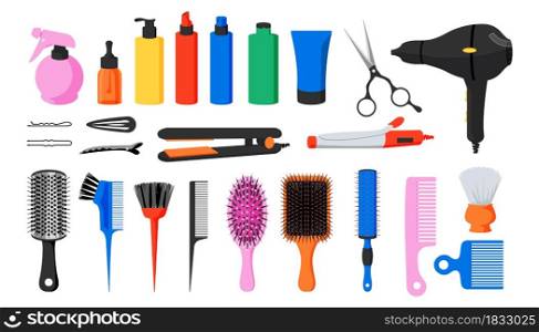 Hairdresser tools. Beauty salon and barber shop haircut equipment. Combs and hairbrushes. Hair dryer or straightener. Isolated bottles with cosmetics. Vector professional hairstyling accessories set. Hairdresser tools. Beauty salon and barber shop equipment. Combs and hairbrushes. Hair dryer or straightener. Bottles with cosmetics. Vector professional hairstyling accessories set