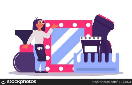 Hairdresser woman and salon hair cut. Flat hairstylist barber care work and haircut work vector illustration. People stylist master with comb or mirror accessory. Professional service glamour coiffure