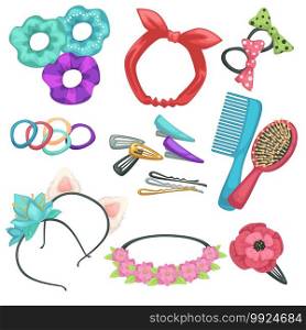 Hairdressers accessories for hairdo, trendy headbands and hairpins. Isolated set of glamorous coiffure and hairbrushes. Floral decoration on bands, stylish hairstyle for women, vector in flat. Hair styling accessories, headbands and combs with hairpins