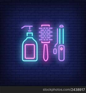 Hairdressing accessories neon sign. Hairdressing salon, style and fashion concept. Advertisement design. Night bright colorful billboard, light banner. Vector illustration in neon style.