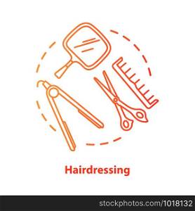 Hairdressing blue concept icon. Hairdresser salon professional equipment idea thin line illustration. Scissors, straightening iron. Red gradient vector isolated outline drawing. Editable stroke
