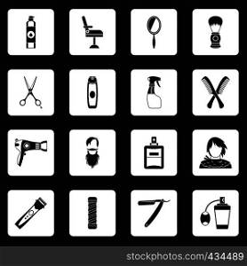Hairdressing icons set in white squares on black background simple style vector illustration. Hairdressing icons set squares vector