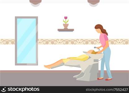 Hairdressing salon, hair wash of client done by hairdresser. People in spa, woman having her head washed, styling new hairstyle in front of mirror vector. Hairdressing Salon, Hair Wash Done by Hairdresser