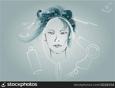 hairdressing salon. woman face and hairdress tools