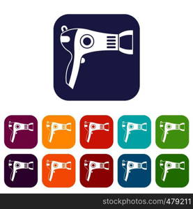 Hairdryer icons set vector illustration in flat style in colors red, blue, green, and other. Hairdryer icons set