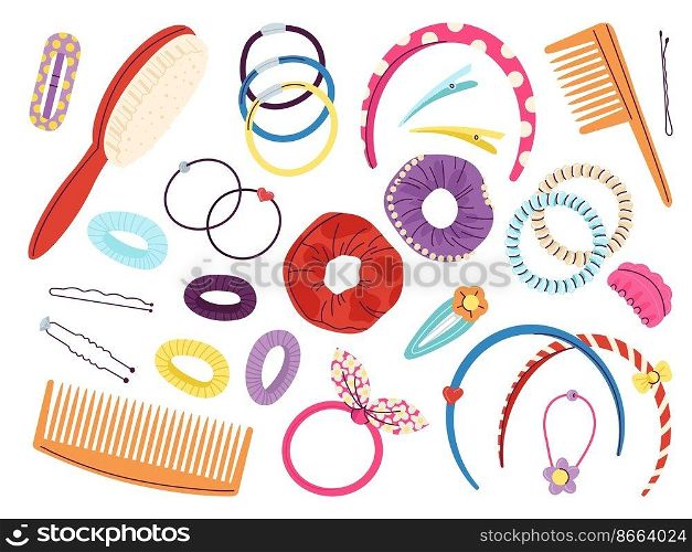 Hairpins set. Barrettes hairpin, stylist hairdressing accessories. Fashion girl hair clip pins, hairdresser plastic barrette and headband decent vector set. Illustration of hairpin fashion isolated. Hairpins set. Barrettes hairpin, stylist hairdressing accessories. Fashion girl hair clip pins, hairdresser plastic barrette and headband decent vector set