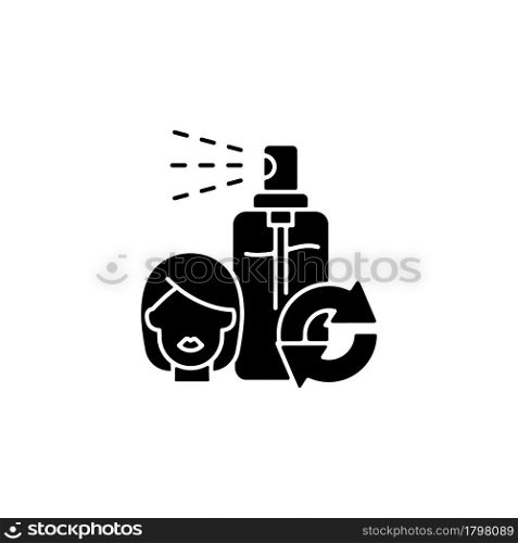 Hairspray refill black glyph icon. Eco friendly package for hair spray. Recyclable cosmetic products to reduce carbon print. Silhouette symbol on white space. Vector isolated illustration. Hairspray refill black glyph icon