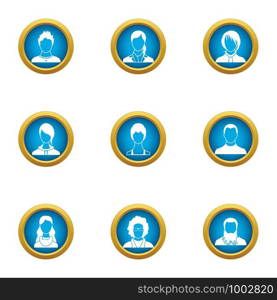 Hairstyle of a person icons set. Flat set of 9 hairstyle of a person vector icons for web isolated on white background. Hairstyle of a person icons set, flat style