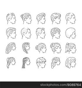 hairstyle portrait hair fashion icons set vector. beauty head, haircut face, style person, hipster female, people girl, male young hairstyle portrait hair fashion black contour illustrations. hairstyle portrait hair fashion icons set vector
