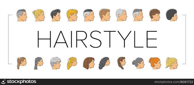 hairstyle portrait hair fashion icons set vector. beauty head, haircut face, style person, hipster female, people girl, male young hairstyle portrait hair fashion color line illustrations. hairstyle portrait hair fashion icons set vector