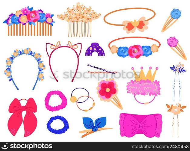 Hairstyles accessories. Glamour female style elements, girly barrettes, headbands and elastics, hair pins, decorative flowers, silk ribbons with bows, cartoon pink fashion objects, vector isolated set. Hairstyles accessories. Glamour female style elements, girly barrettes, headbands and elastics, hair pins, decorative flowers, silk ribbons with bows, cartoon pink fashion objects vector set