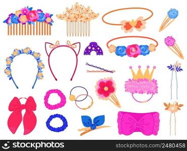 Hairstyles accessories. Glamour female style elements, girly barrettes, headbands and elastics, hair pins, decorative flowers, silk ribbons with bows, cartoon pink fashion objects, vector isolated set. Hairstyles accessories. Glamour female style elements, girly barrettes, headbands and elastics, hair pins, decorative flowers, silk ribbons with bows, cartoon pink fashion objects vector set