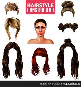 Hairstyles for women constructor including model, long and short hair, in bun, with fringe isolated vector illustration . Hairstyles For Women Constructor