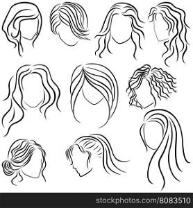 Hairstyles for women, set of ten hand drawing vector outlines