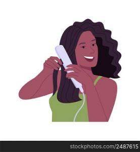 Hairstyling isolated cartoon vector illustrations. Smiling girl does hair styling at home, people lifestyle, women appearance care, beauty procedures, home casual rituals vector cartoon.. Hairstyling isolated cartoon vector illustrations.