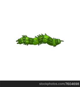 Hairy worm isolated green striped caterpillar. Vector tubular larvae with tentacles, poisonous pest. Green striped caterpillar isolated hairy maggot