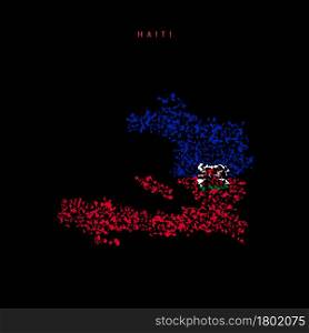 Haiti flag map, chaotic particles pattern in the colors of the Haitian flag. Vector illustration isolated on black background.. Haiti flag map, chaotic particles pattern in the Haitian flag colors. Vector illustration